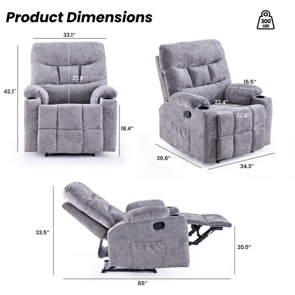 English Elm Oversized Recliner chair with ergonomic support, swivel rocker, quick 5-min assembly for adults comfort Stone Gray T3623P408754