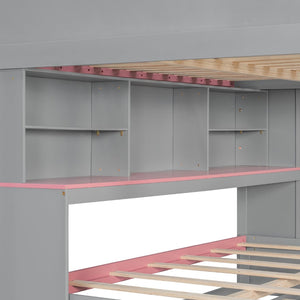 English Elm House-shaped Pine Bunk Bed with Built-in Slide Storage Staircase Twin Over Full Kids Frame Gray N820S00067E