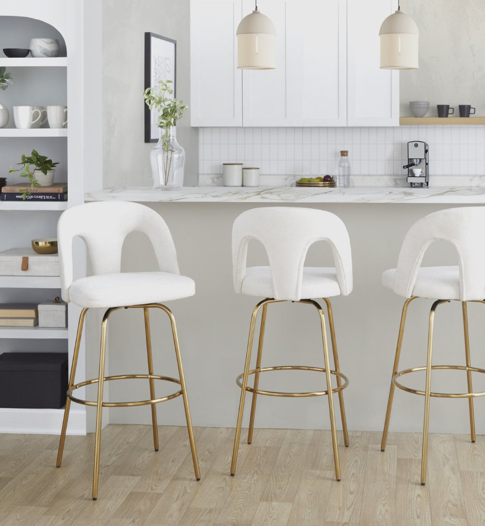 English Elm Fixed-height Swivel Barstools with Gold Footrest Black Frame White Upholstery Set B202S01871