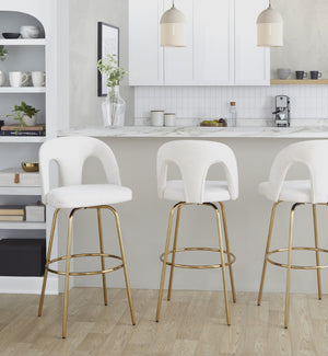 English Elm Fixed-height Swivel Barstools with Gold Footrest Black Frame White Upholstery Set B202S01871