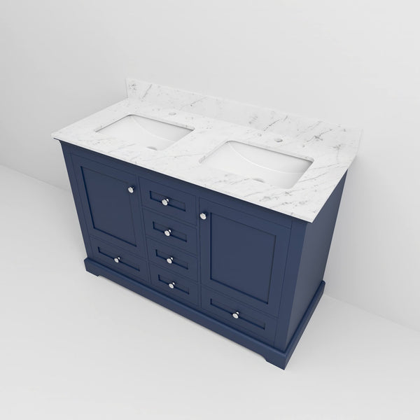 English Elm Navy Double Bath Vanity 48" W x 22" D with Carrara Marble Top, Solid Wood, Soft-Close Drawers, Ample Storage B2731P258188