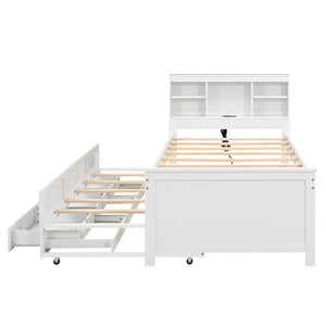 English Elm Twin Platform Bed with Storage Headboard, Pull-Out Trundle & 3 Drawers, USB Ports, Solid Wood Durability White GX000715AAK