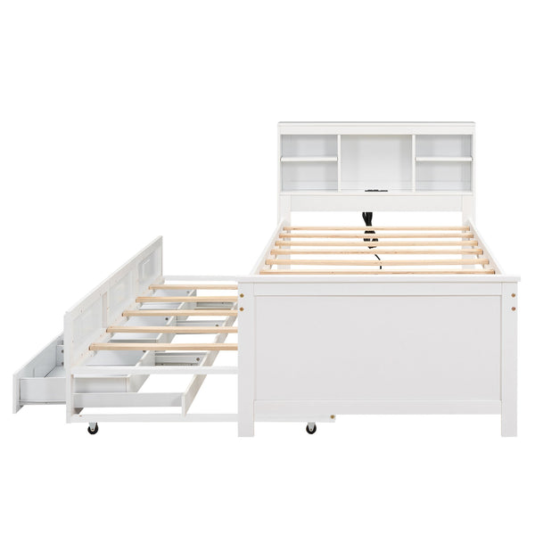 English Elm Twin Platform Bed with Storage Headboard, Pull-Out Trundle & 3 Drawers, USB Ports, Solid Wood Durability White GX000715AAK