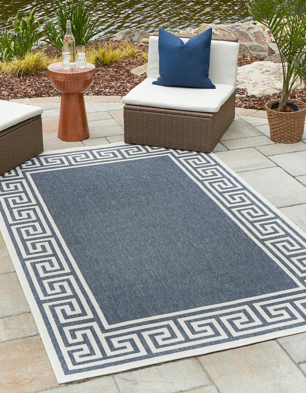 Unique Loom Outdoor Coastal Caye Machine Made Border Rug Navy Blue, Ivory 9' 0" x 12' 2"