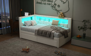 English Elm Upholstered Twin Platform Bed with USB Ports, LED Light Belt, Linen Backrest & 2 Storage Drawers White DL001926AAK