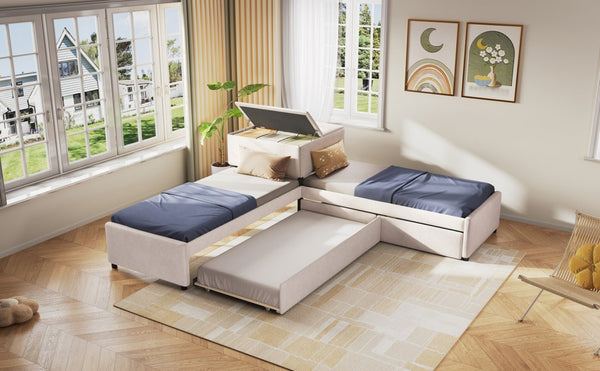 English Elm L-shaped Twin Platform Bed Set with Trundle Drawers and Center Table in Beige Linen GX000531AAA