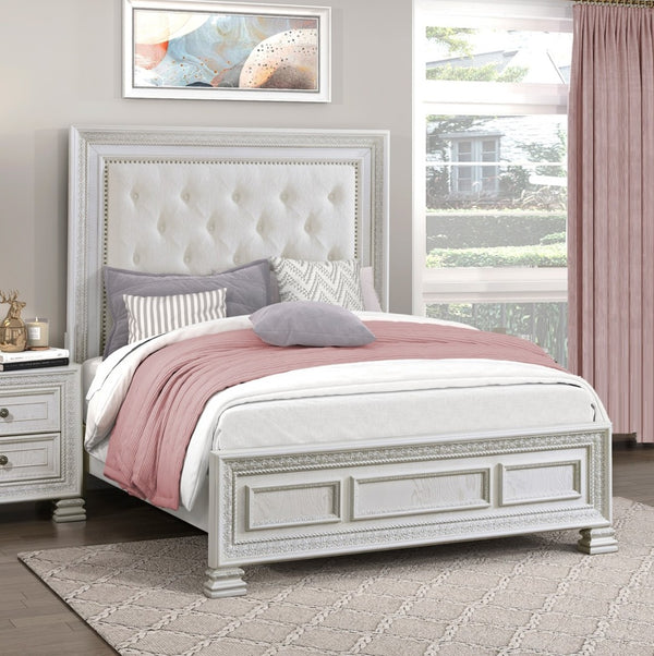 English Elm Classic Pearl White Tufted King Bed Carved Molding Ash Veneer Mansion Headboard B011S01410