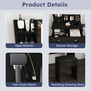 English Elm Modern Vanity Desk with Led Mirror 3 Drawers Built-in Outlet and Matching Chair Black W509P465833