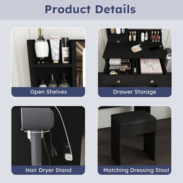 English Elm Modern Vanity Desk with Led Mirror 3 Drawers Built-in Outlet and Matching Chair Black W509P465833