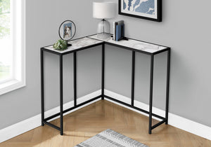 English Elm Accent Table - Elegant L-Shaped Design, White Marble Top & Black Metal Frame For Modern Spaces B2710P218965