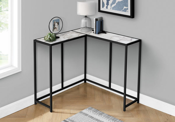 English Elm Accent Table - Elegant L-Shaped Design, White Marble Top & Black Metal Frame For Modern Spaces B2710P218965