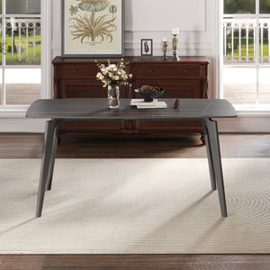 English Elm 62.99" Modern Artificial Stone Dining Table With Black Curved Edge - Seats 6, Sleek Metal Legs W1535S00525
