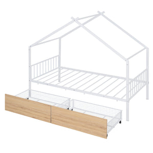 English Elm Twin House Metal Platform Bed with 2 Drawers, Black or White Twin Size, Safe 350lb Capacity Playful Design MF323483AAK