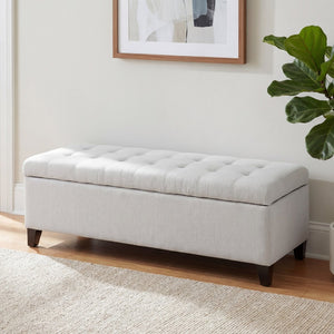 English Elm Upholstered Boucle Storage Bench Soft Close Flip Top Rubberwood Legs Bedroom Entryway Light Grey N779P395018L