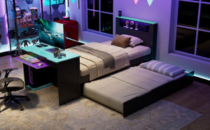 English Elm Twin Wood Gaming Daybed with Trundle Built-in Desk Rgb Lighting and Usb Port Black+Blue LT000283AAC
