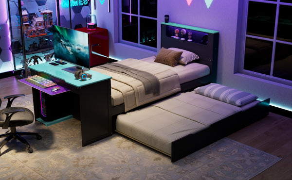 English Elm Twin Wood Gaming Daybed with Trundle Built-in Desk Rgb Lighting and Usb Port Black+Blue LT000283AAC