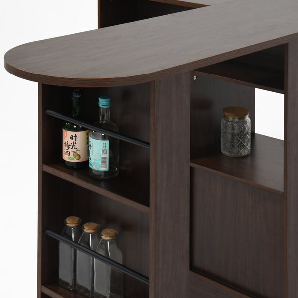 English Elm Modern Bar Cabinet Walnut with Rotating Top, Counter-Height Storage, 6 Shelves & Ribbed Glass Doors W409P167484