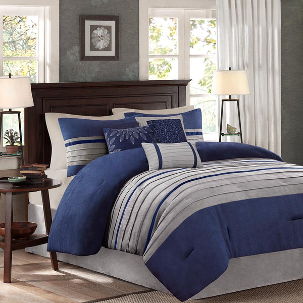 JLA Home Madison Park - 7 Piece Faux Suede Comforter Set with Pieced Microsuede Panels, Embroidered Pillows, Machine Washable Elegance Blue MP10-2264