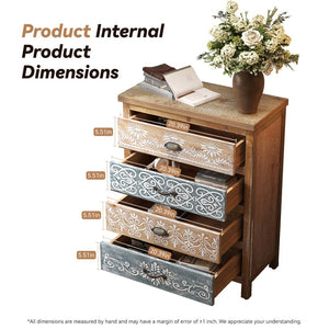 English Elm Vintage Bohemian Four Drawer Chest Distressed Solid Wood Floral Scroll Bedroom Storage W2295P414113
