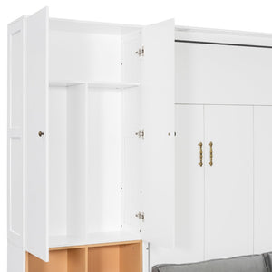 English Elm Queen Murphy Wall Bed with Velvet Sofa Built in Shelves Cabinets and Reading Lights White LP000393AAK