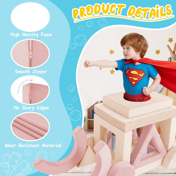 English Elm 16 Piece Modular Foam Play Couch Fort Building Set for Creative Kids Playroom Use Pink+White T5880P493421