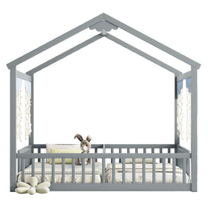 English Elm Double Twin House-Style Floor Bed with Fence Guardrails for Kids, Pine & Plywood Durable Design Grey W504P308458