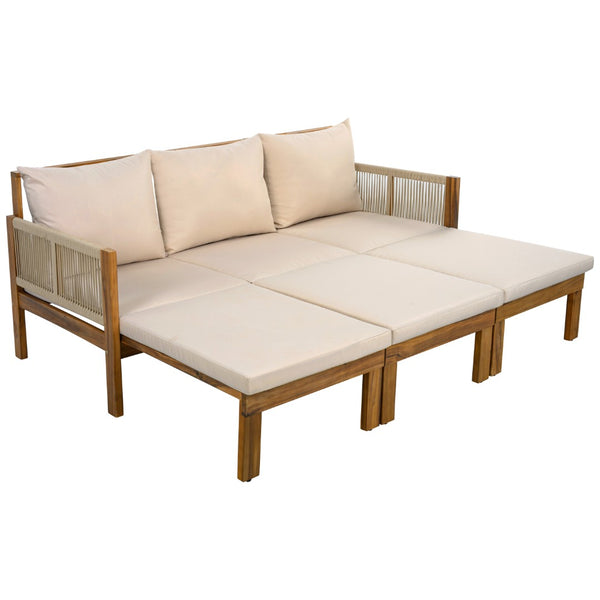 English Elm Outdoor Acacia Wood Dining Set Seats Six with Cushioned Armrest Chairs for Patio Natural Wood+Brown N719Z000220D