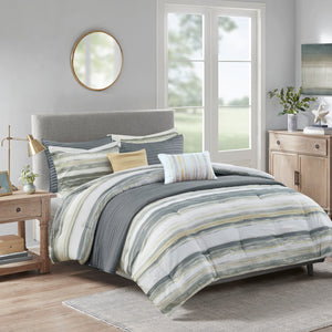 English Elm 8 Piece Printed Seersucker Comforter Set In Yellow & Gray - Stylish, Hypoallergenic King/Cal King Collection B03597255