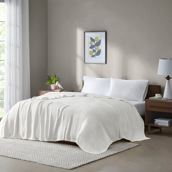 JLA Home Madison Park - Cotton Madison Park Basket Weave Blanket — Lightweight, OEKO‑TEX Certified Comfort for Year‑Round Use Cream BL51N-0845