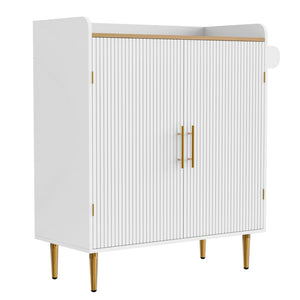English Elm Modern Fluted Bar Cabinet with Wine Rack Glass Holders Adjustable Shelving and Hidden Drawer White N728P438606W
