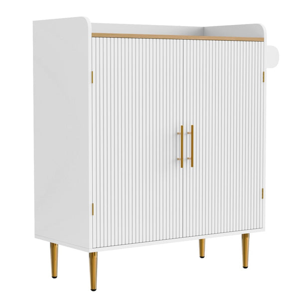 English Elm Modern Fluted Bar Cabinet with Wine Rack Glass Holders Adjustable Shelving and Hidden Drawer White N728P438606W