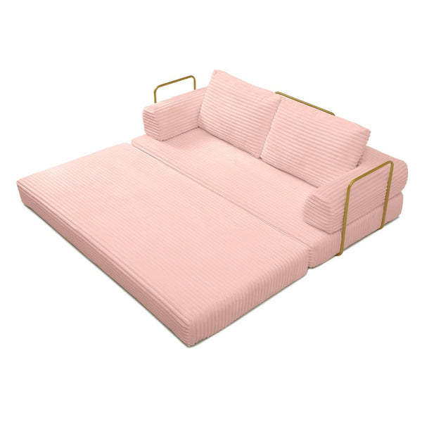 English Elm Convertible Floor Sofa Futon with Corduroy Upholstery for Living Room Lounging and Sleeping Pink W1117P434734