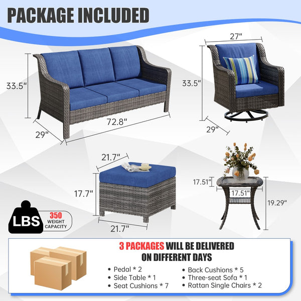 English Elm Tl Seven Piece Outdoor Pe Rattan Patio Set with Swivel Chairs Footstools and Side Table T5925S00006