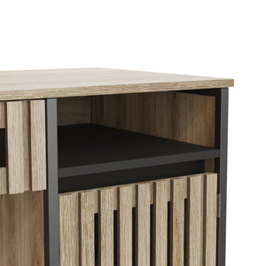 English Elm Fluted,Desk,Computer sleek natural+black slatted storage desk with 2 drawers & cabinet, MDF metal frame, versatile modern workspace solution W2673P209539