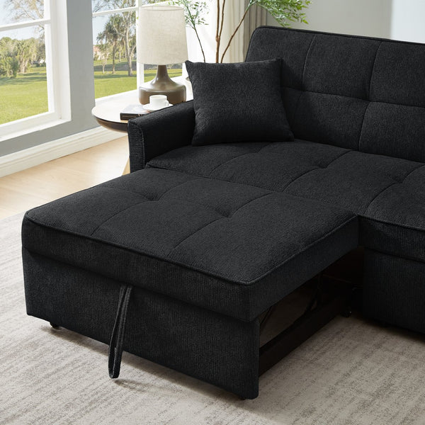 English Elm 3 Convertible Sleeper Sofa Bed with Pull-Out Chaise, Storage Armrests & Pockets, Compact Loveseat Couch Black W2318P268629