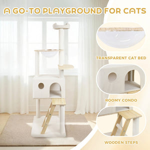 English Elm Wood Multi-level Cat Tower with Transparent Pod Condo Sisal Posts and Plush Perches W243P326634