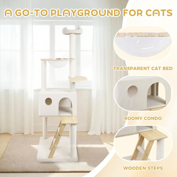 English Elm Wood Multi-level Cat Tower with Transparent Pod Condo Sisal Posts and Plush Perches W243P326634