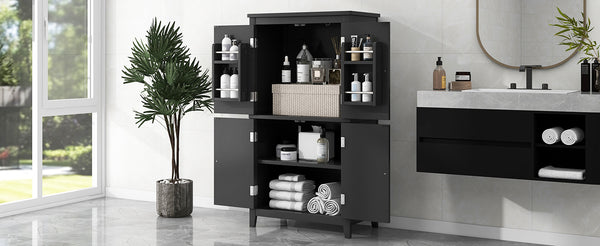 English Elm Elegant Bathroom Floor Storage Cabinet with 4 Doors, Adjustable Shelves, Anti-Tip Design, 28"L x 15"W Black N725P188461B