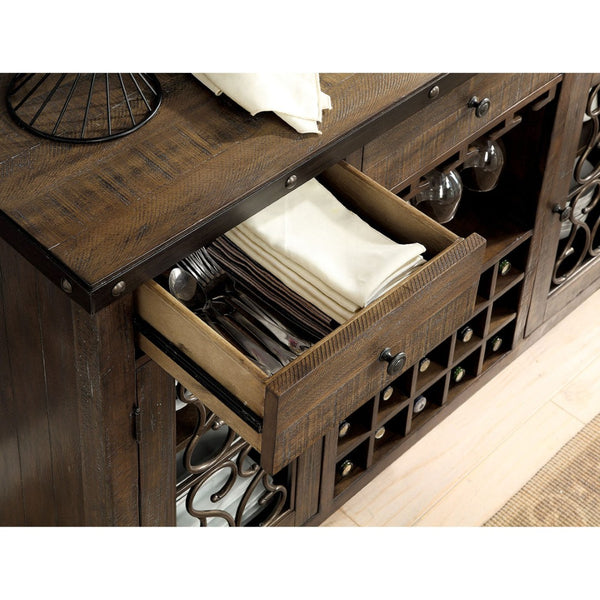 English Elm Rustic Walnut Solid Wood Dining Server with Wine Rack and Ornate Scroll Metalwork B2741P456486