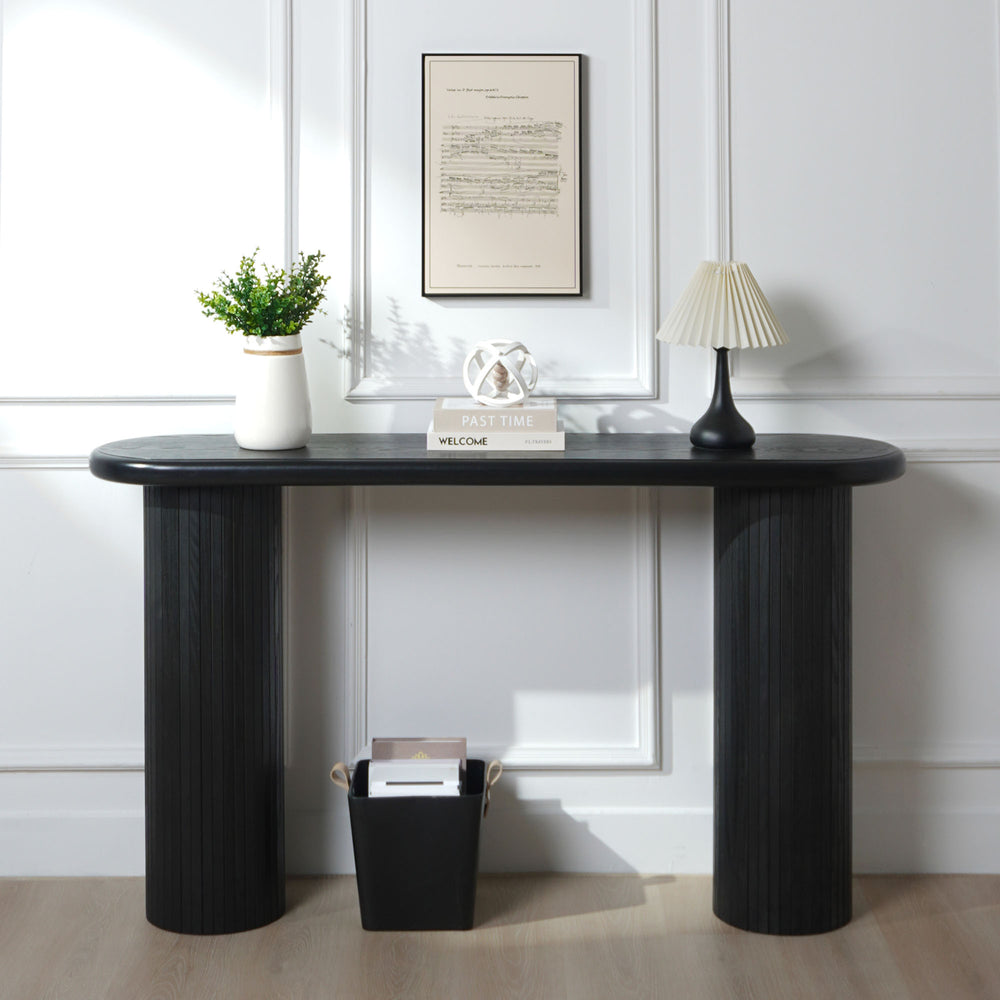 English Elm Wood Modern Black Console Table 65.4" Half-Moon Ribbed Entryway Table Durable Wipe-Clean Accent Piece W2729P239171
