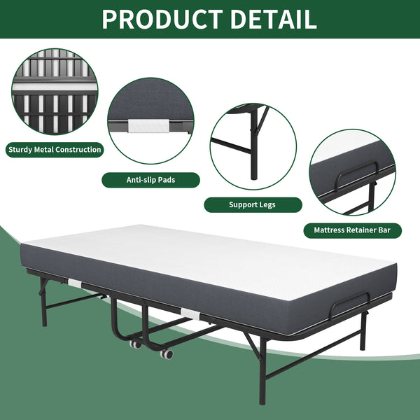 English Elm 75" Extra Long Folding Bed for Tall People with 5" Memory Foam, 450lb Steel Frame, Wheels, Portable Rollaway Comfort T2398P290413