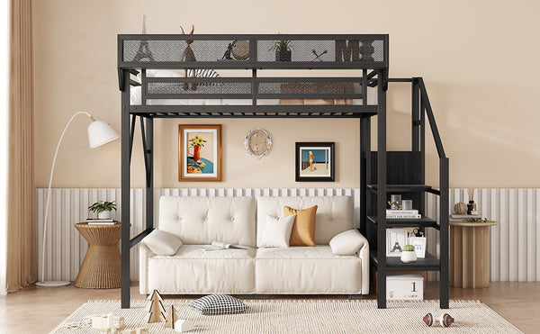 English Elm Twin Twin Size Loft Bed with Stairs and Built-In Shelves, Metal High Loft with Wardrobe for Kids Teens Black W2580S00035