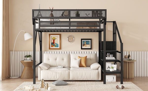 English Elm Twin Metal High Loft Bed with Staircase Storage Wardrobe for Kids and Teens Black W2580S00060