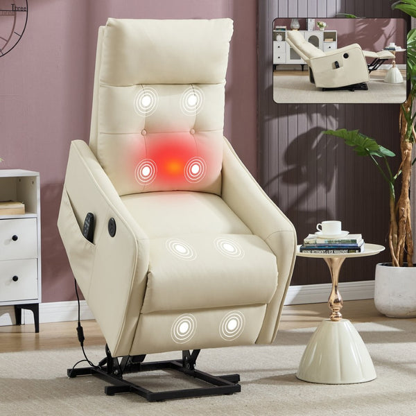 English Elm Beige Pu Leather Power Lift Recliner with Massage Heat and Usb for Seniors W1803P364110