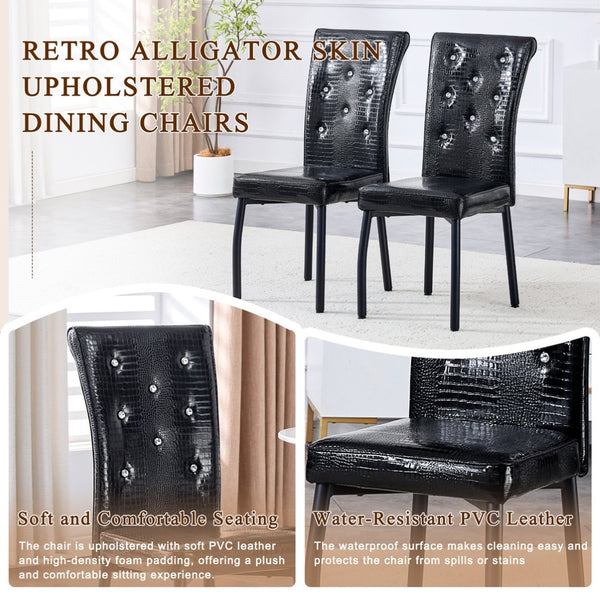English Elm A Set of 2 Crystal Button Faux Leather Dining Chairs with Embossed Croc Texture Black W3226P344029