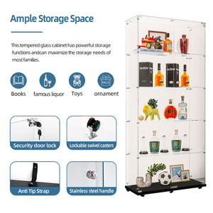 English Elm Tempered Glass Display Cabinet With Bluetooth Led Lights, Lockable Door & Mobile Casters - Black W3155S00009-GIGA