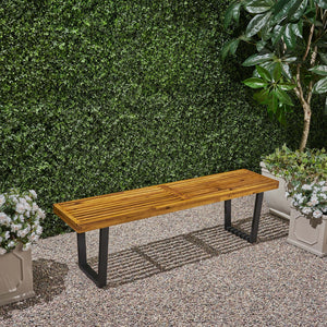English Elm Christopher Knight Home® - Metal/Solid Outdoor Bench with Slatted Acacia Seat and Sturdy Iron Legs — Rustic Modern Patio Charm Black 63351.00MP1