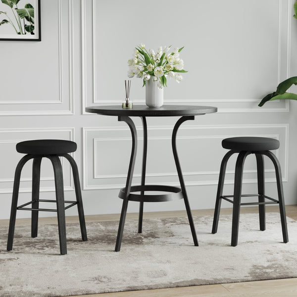English Elm Swivel Backless Counter Stools Set of 2 with Fabric Seat Bentwood Legs Mid-century Modern Black W3107P446849