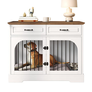 English Elm 43.3" Farmhouse Mdf Dog Crate Console with Drawers and Rotating Bowls for Large Breeds N704P414580A