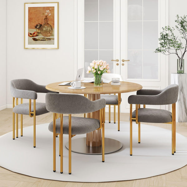 English Elm Dining Chair with Gold Tone Steel Legs Upholstered in Textured Fabric for Modern Homes Grey W1567P344006